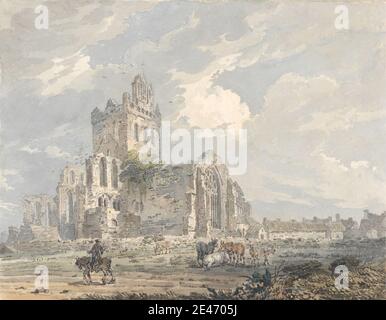 Thomas Girtin, 1775–1802, British, Jedburgh Abbey, Roxburghshire, ca. 1793. Watercolor over graphite, and gray wash on moderately thick, slightly textured, beige, wove mount paper.   architectural subject , cattle , clouds , dirt , grass , horse (animal) , landscape , road , rocks (landforms) , ruins , stone. Jedburgh , Jedburgh Abbey , Roxburghshire , Scotland , United Kingdom Stock Photo