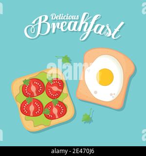 breakfast, breads with delicious food in the top of it Stock Vector