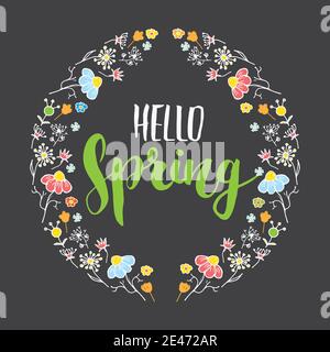 Hello Spring Calligraphy lettering handwritten sign, Hand drawn grunge ...