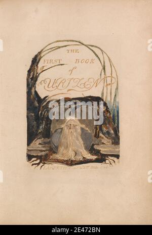 Print made by William Blake, 1757–1827, British, The First Book of Urizen, Plate 1, 'The First Book of Urizen.' (Bentley 1), 1794. Color-printed relief etching in orange-brown with watercolor on moderately thick, slightly textured, cream wove paper.   beard , book , branches , grave , gravestone , literary theme , men , religious and mythological subject , roots , text , tombstone , trees , writing (processes) Stock Photo