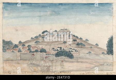 Gangaram Chintaman Tambat, active 1790s, Anglo-Indian, View of Parbati, a Hill near Poona Occupied by Temples Frequented by the Peshwa, 1795. Watercolor and graphite on medium, slightly textured, cream laid paper. Public Domain Stock Photo