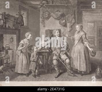 Johann Jacobus Haid, 1704–1767, Mr. Garrick in 'The Farmer's Return', 1766. Mezzotint on medium, slightly textured, cream laid paper.   actors , actresses , basket , boy , candle , cane , chairs , children , dishes , farmer , fireplace , girl , house , interior , kettle , kitchen , lantern , literary theme , man , mug , pipe , pitcher , plate , plays by David Garrick (1717–1779), actor and playwright , strainer , table , The Farmer's Return from London, 1762 , theater (discipline) , woman. Garrick, David (1717–1779), actor and playwright Stock Photo