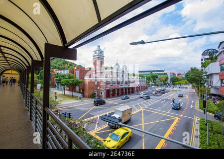 the view of Civil Defence Heritage Gallery (CDHG) from footbridge . This building used to be the Central Fire Station in Singapore. Stock Photo
