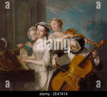 Philippe Mercier, 1689 or 1691–1760, Franco-German, active in Britain (from 1716), The Sense of Hearing, 1744 to 1747. Oil on canvas.   arcades , cello , child , columns (architectural elements) , conversation piece , costume , earrings , elderly , flute , flutist , genre subject , girl , harpsichord , harpsichordist , hearing , interior , Italianate , listening , music , musical instruments , operas , Rococco style , scores , senses , sonatas , spectacles , violin , violinist , women. Handel, George Frideric (1685–1759), composer Geminiani, Francesco Saverio (1687–1762), composer and music th
