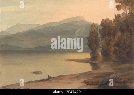 Francis Towne, 1740–1816, British, Windermere at Sunset, 1786. Watercolor and brown ink over graphite on medium moderatley textured cream laid paper.   lake , landscape , mountains , sunset , trees Stock Photo