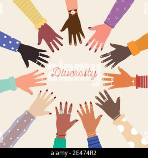 diversity lettering and diversity of united hands in the center Stock Vector