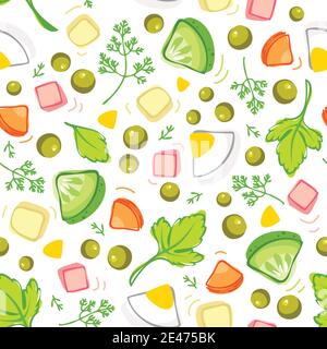 seamless pattern of ingredients of olivier salad, scattered vegetables on a white background, pattern for printing on fabric, wallpaper and paper Stock Vector