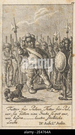 Print made by Daniel Nikolaus Chodowieki, German, 1726–1801, German, 'Henry IV, Part I,' Act IV, Scene II, undated. Etching on moderately thick, slightly textured, beige laid paper.   armour , army , axes , boots , cape , coat , dog (animal) , explaining , fighting , gesturing , hats , helmets , Henry IV, part I by William Shakespeare , illustration , literary theme , men , plays by William Shakespeare , posing , shields , shouting , showing , soldiers , swords , watching. Shakespeare, William (1564–1616), playwright and poet Stock Photo