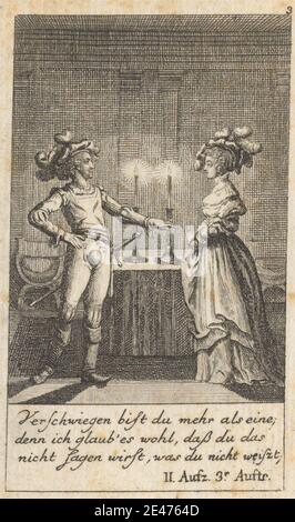 Print made by Daniel Nikolaus Chodowieki, German, 1726–1801, German, 'Henry IV, Part I,' Act II, Scene III, undated. Etching on moderately thick, slightly textured, beige laid paper.   boots , candles , cape , chair , coat , fancy dress , flirting , gesturing , hats , Henry IV, part I by William Shakespeare , illustration , literary theme , man , plays by William Shakespeare , posing , swords , woman. Shakespeare, William (1564–1616), playwright and poet Stock Photo