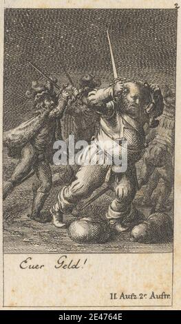 Print made by Daniel Nikolaus Chodowieki, German, 1726–1801, German, 'Henry IV, Part I,' Act II, Scene II, undated. Etching on moderately thick, slightly textured, beige laid paper.   boots , cape , coat , fighting , hats , Henry IV, part I by William Shakespeare , hill , illustration , literary theme , men , obese , plays by William Shakespeare , running , stars , swords. Shakespeare, William (1564–1616), playwright and poet Stock Photo