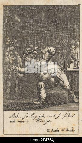 Print made by Daniel Nikolaus Chodowieki, German, 1726–1801, German, 'Henry IV, Part I,' Act II, Scene IV, undated. Etching on moderately thick, slightly textured, beige laid paper.   boots , candles , cape , coat , explaining , gesturing , hats , Henry IV, part I by William Shakespeare , illustration , literary theme , man , plays by William Shakespeare , posing , showing , swords , table , watching. Shakespeare, William (1564–1616), playwright and poet Stock Photo