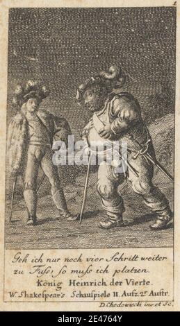 Print made by Daniel Nikolaus Chodowieki, German, 1726–1801, German, 'Henry IV, Part I,' Act II, Scene II, undated. Etching on moderately thick, slightly textured, beige laid paper.   boots , cape , coat , hats , Henry IV, part I by William Shakespeare , hill , illustration , literary theme , men , obese , plays by William Shakespeare , stars , sticks , swords , walking. Shakespeare, William (1564–1616), playwright and poet Stock Photo
