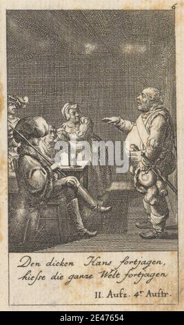 Print made by Daniel Nikolaus Chodowieki, German, 1726–1801, German, 'Henry IV, Part I,' Act II, Scene IV, undated. Etching on moderately thick, slightly textured, beige laid paper.   boots , candles , cape , coat , explaining , fur , gesturing , hats , Henry IV, part I by William Shakespeare , illustration , keys , literary theme , men , plays by William Shakespeare , posing , showing , swords , table , watching , woman. Shakespeare, William (1564–1616), playwright and poet Stock Photo
