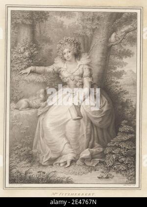 Print made by John Condé, 1765–1794, French, active in Britain, Mrs. Fitzherbert, 1792. Stipple engraving with etched border on moderately thick, slightly textured, cream laid paper.   beads , birds , book , bow (costume accessory) , cameo , costume , curls , dog (animal) , doves , dress , flowers (plants) , gaze , gown , headpiece , jewelry , landscape , leaves , medallion , miniature , necklace , oak leaves , pendant (jewelry) , portrait , reading , roses (plant) , ruff , Spaniel , trees , woman. Fitzherbert, [née Smythe; other married name Weld] Maria Anne (1756–1837), unlawful wife of Geor Stock Photo