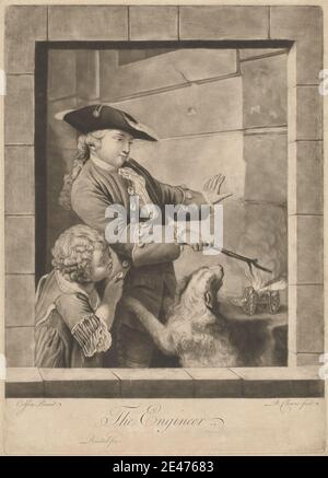 Print made by Butler Clowes, active 1768, died 1782, British, The Engineer, ca. 1770. Mezzotint on moderately thick, slightly textured, beige laid paper.   architecture , boy , buttons , cannon , child , costume , cravat , curiosity , curls , dog (animal) , engineer , explaining , genre subject , hat , man , noise , science , science , showing , smiling , smoke , stick , tricorn , wall , watching , wig , window Stock Photo