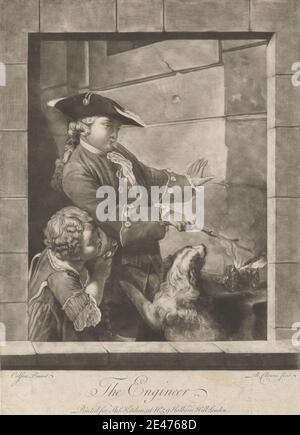 Print made by Butler Clowes, active 1768, died 1782, British, The Engineer, ca. 1770. Mezzotint on moderately thick, slightly textured, beige laid paper.   boy , buttons , cannon , child , costume , cravat , curls , dog (animal) , engineer , explaining , genre subject , hat , man , physics , showing , smiling , smoke , stick , tricorn , wall , watching , wig Stock Photo