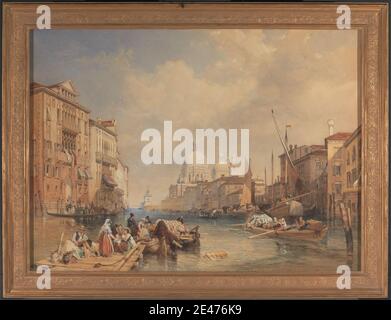 James Duffield Harding, 1798–1863, British, The Grand Canal, Venice, 1835. Watercolor, with pen in brown and blue ink, gouache and arabic gum over graphite on cream, moderately thick moderatelytextured, wove paper, stretched over solid wooden frame, glued onto surface of board.   architectural subject , archways , balconies , baskets , blankets (coverings) , boats , buildings , children , chimneys (architectural elements) , clouds , dock , domes , hats , jars , marine art , men , oars , pier (marine landing) , rope , sails , shutters , sky , water , windows , women. Venice Stock Photo