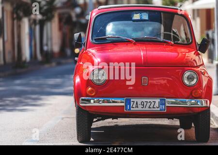 Fiat 500 classic retro car parked at city street. Gabbice Mare, Italy - September 07, 2019 Stock Photo