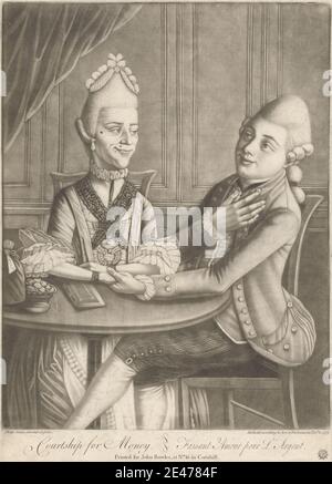 Print made by Philip Dawe, ca.1745–ca.1809, British, Courtship for Money, 1771. Mezzotint on moderately thick, moderately textured, cream laid paper.   bag (container) , book , bow (costume accessory) , caricature , chairs , choker , coat , coins , costume , curtains , drapery , earrings , fashion , flounces , genre subject , gesture , gown , headpiece , humor , interior , jewelry , lace , love , man , moles (facial feature) , money , panels , parody , pouch , satire , smile , stripes , table , talking , wig , woman Stock Photo