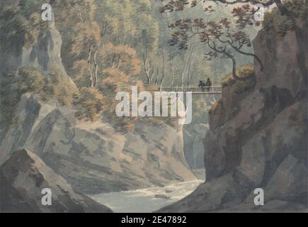 John Warwick Smith, 1749–1831, British, Alpine Bridge and Woodland Scenery near Pistil y Maw, undated. Watercolor over graphite on medium, slightly textured, cream wove paper.   bridge (built work) , cliffs , forest , landscape , men , river Stock Photo