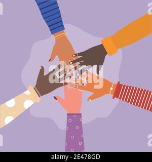 diversity of united hands in the center on a purple background Stock Vector