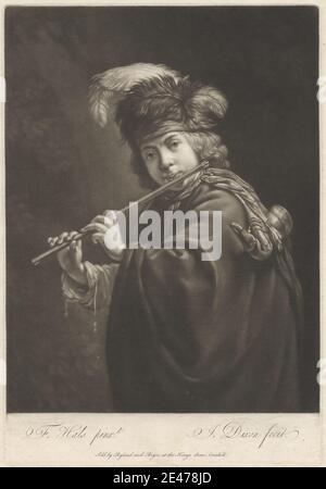 Print made by John Dixon, ca. 1740–1811, Irish, Flute Player, between 1765 and 1771. Mezzotint on moderately thick, slightly textured, beige laid paper.   cloak , curls , feathers , flute , gaze , genre subject , hat , man , music , musician , playing , posing , scarf , standing Stock Photo