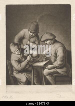 Print made by John Dixon, ca. 1740–1811, Irish, Peasants Drinking, between 1765 and 1771. Mezzotint and etching on moderately thick, slightly textured, beige laid paper.   bowls , chairs , drinking , eating , food , genre subject , gesturing , hats , jars , men , middle-aged , peasants , pipes , sitting , smoking , standing , table , talking Stock Photo