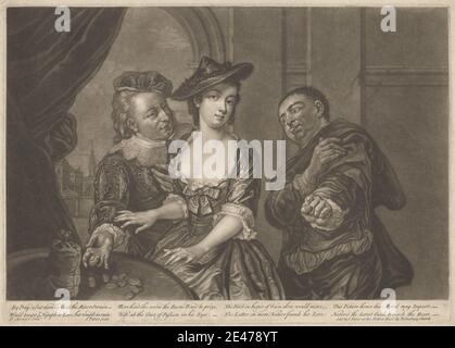 Print made by John Faber the Younger, ca. 1695–1756, Netherlandish, active in Britain, The Choice, 1737. Mezzotint on moderately thick, slightly textured, cream laid paper.   arch , church , coins , collar , costume , courtship , drapery , genre subject , gesture , gown , hats , leisure , men , nobility , purse , sack , steeple , table , woman , wooing Stock Photo