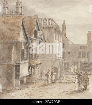 Attributed to Rev. Daniel Finch, 1757–1840, British, At Ashford, 1818. Pen, brown ink, gray ink, and graphite on medium, slightly textured, cream laid paper.   architectural subject , cityscape , meat , patrons , shops , street , town , windows. Ashford , England , Europe , Kent , United Kingdom Stock Photo