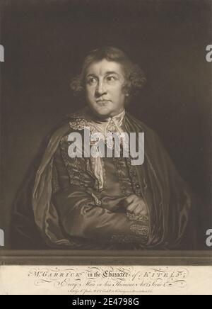 John Finlayson, 1730–1776, British, David Garrick in the Character of 'Kitely', 1769. Mezzotint on moderately thick, slightly textured, beige laid paper.   buttons , cape , cloak , collar , embroidery , Every Man in His Humour (1598), play by Benjamin Jonson (1572-1637) , lace , literary theme , posing , tassels , vest. Garrick, David (1717–1779), actor and playwright Kitely, a merchant (character in Ben Jonson's 'Every Man in his Humour' Shakespeare, William (1564–1616), playwright and poet Stock Photo