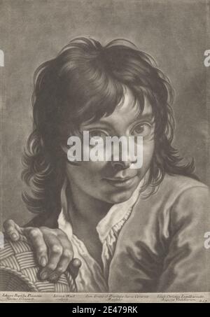 Print made by Johann Lorenz Haid, 1702–1750, German, Portrait of a Boy with a Basket, undated. Mezzotint on moderately thick, slightly textured, beige laid paper.   basket , boy , collar , farmer , gaze , genre subject , man , peasant , smiling Stock Photo