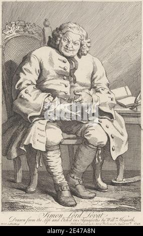 Print made by William Hogarth, 1697–1764, British, Simon, Lord Lovat. Engraving.   book , chair , cherubs , hands , portrait , writing. Fraser, Simon, 11th Lord of Lovat (1667/8-1748), Jacobite conspirator, army officer, and outlaw Stock Photo