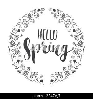 Hello Spring Calligraphy lettering handwritten sign, Hand drawn grunge ...