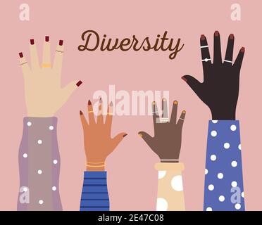 diversity hands with colored nails in pink background Stock Vector