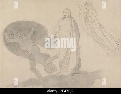 John Flaxman, 1755–1826, British, Get Thee Behind Me, Satan, between 1783 and 1787. Gray ink with graphite and gray wash on moderately thick, slightly textured, cream laid paper.   angels , cape , curtains , religious and mythological subject. Satan Jesus Christ (7-2 BC/BCE to 30-36 AD/CE) Stock Photo