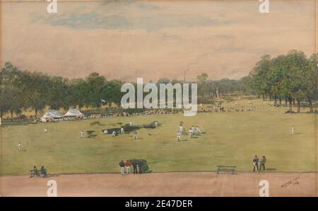 Walter Paris, 1842–1906, British, A Cricket Match of the Royal Marine Artillery, London, 1888. Watercolor, gouache and graphite on medium, slightly texture, beige wove paper.   artillery , bench , cricket , field , figures (representations) , game , landscape , men , park (recreation area) , path , playing fields , tents , trees , women. England , Europe , Greater London , London , United Kingdom Stock Photo