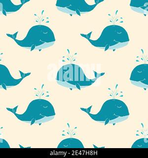 Cute Whale Seamless Pattern Cartoon Hand Drawn Animal Doodles Vector Illustration Background. Stock Vector