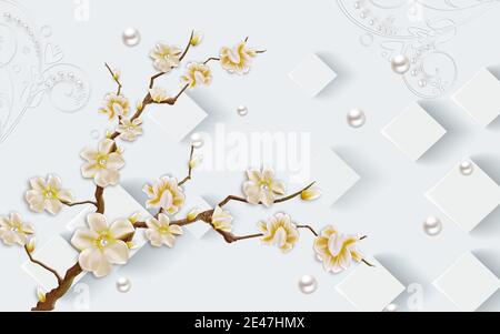 3d illustration, white ornamental background, rhombuses, large beige pearl flowers on a branch Stock Photo