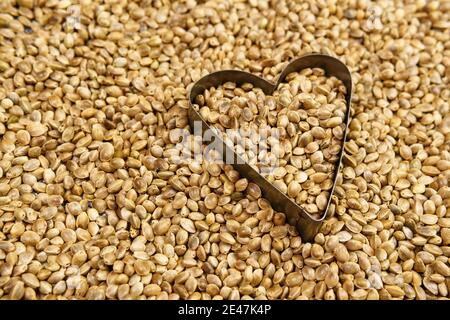 Cannabis seeds with a heart. Organic Hemp seed. texture. Hemp seeds background Stock Photo