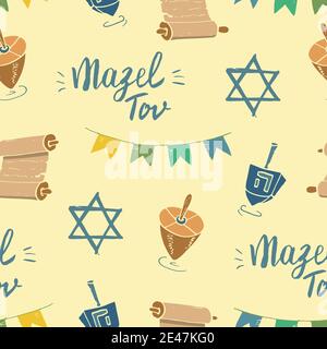 Mazel tov seamless pattern, Jewish holiday hand drawn items, vector illustration. Stock Vector