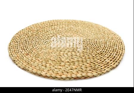 Handmade natural product, woven bamboo plate, rattan weaving. Eco friendly and sustainable concept. Eco-friendly shopping and recycled gifts. Stock Photo