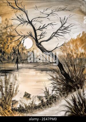 autumn atmosphere with full moon in the lake Stock Photo