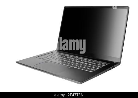 Laptop with blank black screen on white background isolated close up side view, modern slim computer design, open empty display, pc mockup studio shot Stock Photo