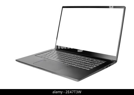 Laptop with blank screen on white background isolated close up side view, modern slim computer design, open empty display pc mockup copy space, studio Stock Photo