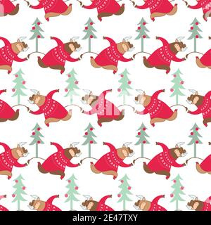 Seamless pattern christmas tree, christmas bull runs hastily, repeating element, christmas trees with christmas balls, bull in a sweater Stock Vector