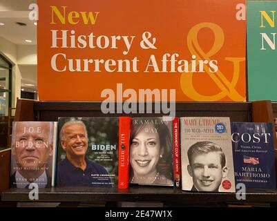 Mount Pleasant, Wisconsin, USA. 21st Jan, 2021. Books about Joe Biden, Kamala Harris, and the Trump presidency are on display at the Barnes and Noble bookshop in the Village of Mount Pleasant, the day after their inauguration. (Credit Image: © Mark HertzbergZUMA Wire) Stock Photo