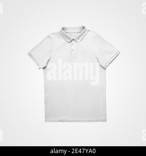 White mens polo template evenly laid out and isolated on background, fashionable clothes with buttons, front view. Mockup of branded blank t-shirt for Stock Photo