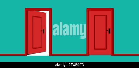 2 doors in blue sky background with different state, opening door to the white light and closed door. difference and opportunity concept, panorama ill Stock Photo