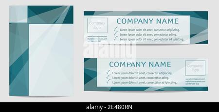 Layout set, book cover A4, banner, header, footer. Turquoise, teal tones. Geometric template, transparent triangles. Abstract vector background. EPS10 Stock Vector