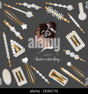 Set of fashionable hairpins with pearls for hair, trendy accessories, a beautiful girl with a hairstyle, hair in a bun Stock Vector